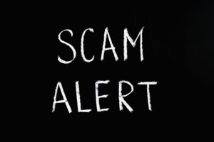 The words "scam alert" on a black background.