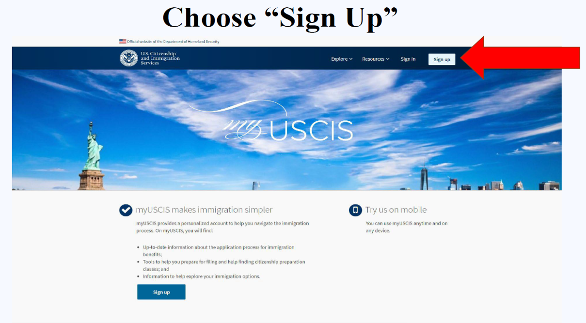Screenshot of my USCIS sign up page.