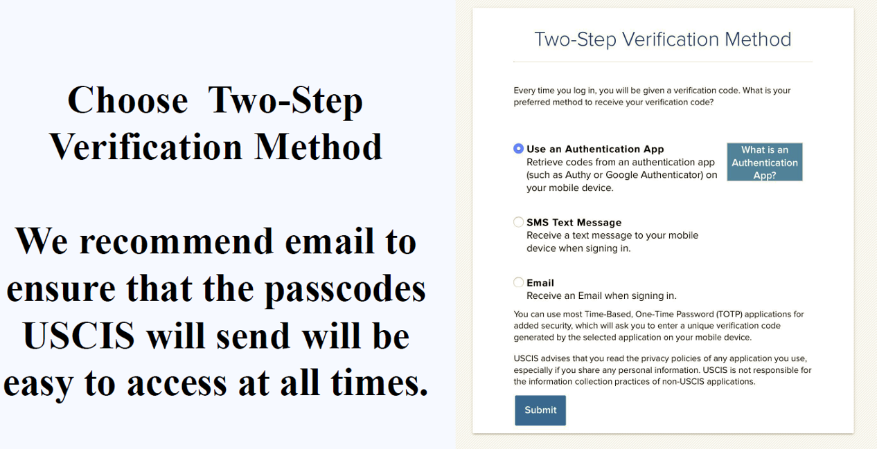 Screenshot of my USCIS page showing set up of two step verification. 