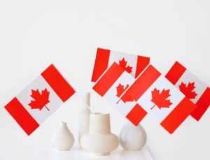 Canadian flags in white vases.
