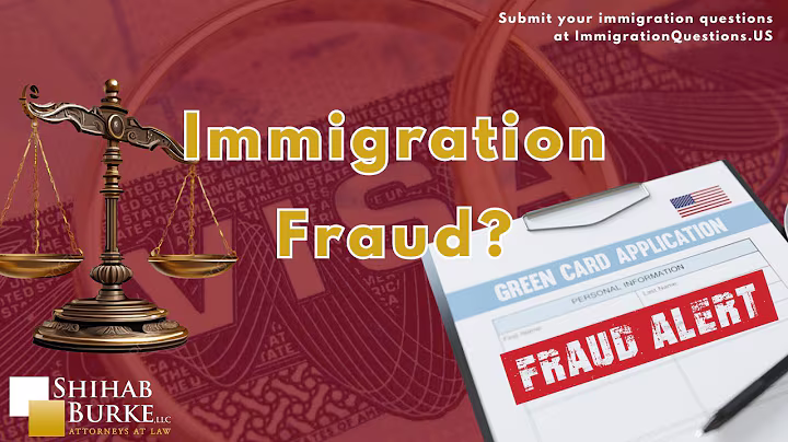 Image with a red faded background and a visa document. The Words visa are printed on the document. The foreground displays a green card application form, an icon or image of the scales of justice, and the words "Immigration Fraud?" printed in gold.