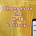 Image with gold faded background and a building with a waving United States flag shot from the ground showing the sky. The foreground has the words "Changes to the H-1B Lottery?" printed on it along with a mobile phone showing an H-1B lottery document.