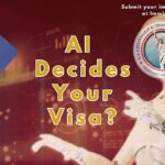 Image with red faded background of computer screens. On the foreground of the image there is a US passport, a robot, and the words "AI Decides your visa?" printed on it.
