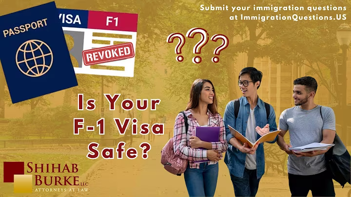 Image with gold faded background of a school campus. In the foreground there's an image of 3 students walking next to each other in a campus. There's also the words "Is your F-1 Visa Safe?" question printed in the foreground.