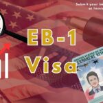 Image with red faded background of a zoomed in visa document and a pen. In the foreground there are the words "EB-1 Visa" printed in gold along with a picture of a Visa document and an animation of a trends graph.