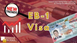 Image with red faded background of a zoomed in visa document and a pen. In the foreground there are the words "EB-1 Visa" printed in gold along with a picture of a Visa document and an animation of a trends graph.