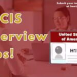 Image with red faded background and person conducting an USCIS interview in an office. The foreground has the words "USCIS Interview Tips!" printed on it along with a picture of a document with an H1B Visa header.
