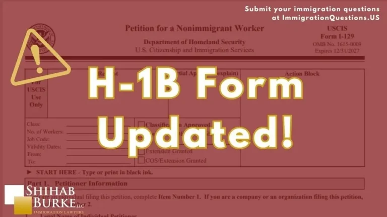 This is a video cover image for the H-1B Alert: New Questions on Form I-129 video. The video cover image partially represents some areas of service provided by Shihab Burke LLC Immigration Lawyers.