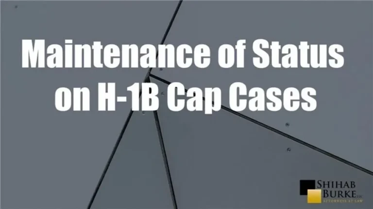This is a video cover image for the H-1B Cap - Status Trap video. The video cover image partially represents some areas of service provided by Shihab Burke LLC Immigration Lawyers.