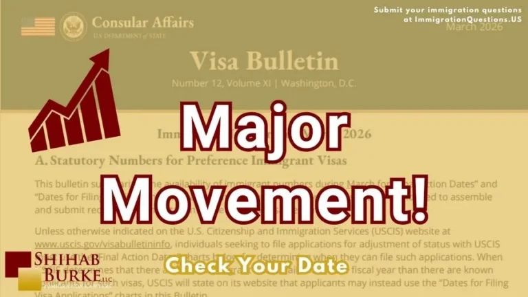 This is a video cover image for the Major Movement on the March 2026 Visa Bulletin video. The video cover image partially represents some areas of service provided by Shihab Burke LLC Immigration Lawyers.