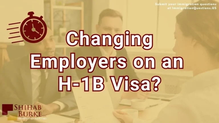 This is a video cover image for the H-1B Alert: New Questions on Form I-129 video. The video cover image partially represents some areas of service provided by Shihab Burke LLC Immigration Lawyers.